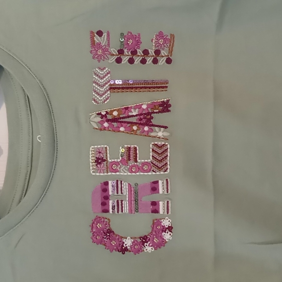 Peek Kids Light Green embroidered embellished  "CREATE"  top in size 4-5 NWT - Picture 2 of 5